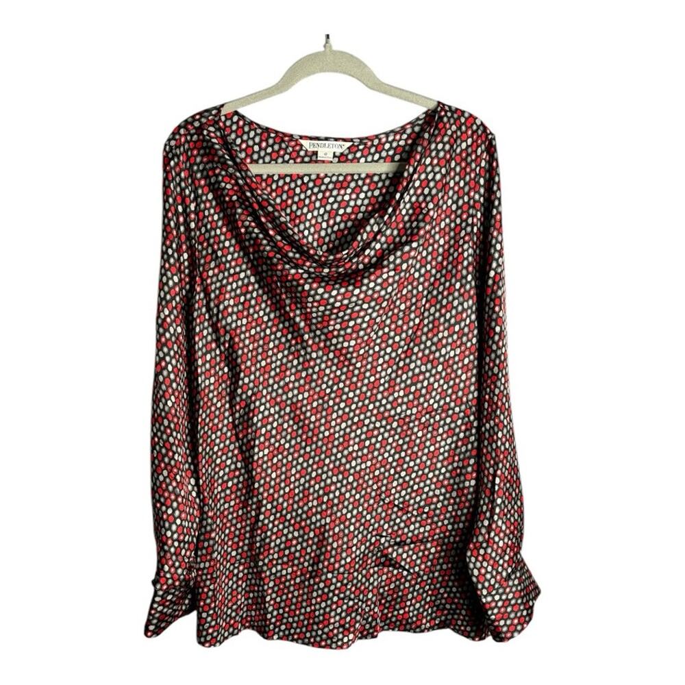 Pendleton Red and Black Print Long Sleeve Silk Blouse Drapey Neck 18